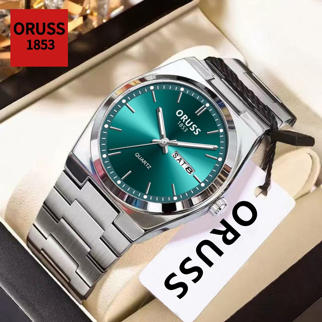 ORUSS รัส ต้นฉบับ ผู้ชายหรูหราสแตนเลสส่องสว่างกันน้ําปฏิทินคู่นาฬิกาเงินแฟชั่นหรูหราเวอร์ชั่นเกาหลีนาฬิกาข้อมือควอตซ์