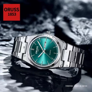 ORUSS รัส ต้นฉบับ ผู้ชายหรูหราสแตนเลสส่องสว่างกันน้ําปฏิทินคู่นาฬิกาเงินแฟชั่นหรูหราเวอร์ชั่นเกาหลีนาฬิกาข้อมือควอตซ์