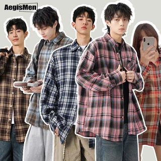 #AegisMen#เสื้อเชิ้ตแขนสั้น ลายสก็อต แขนยาว เสื้อสก๊อตเกาหลี ป้ายวินเทจ สไตล์ถนนอเมริกัน