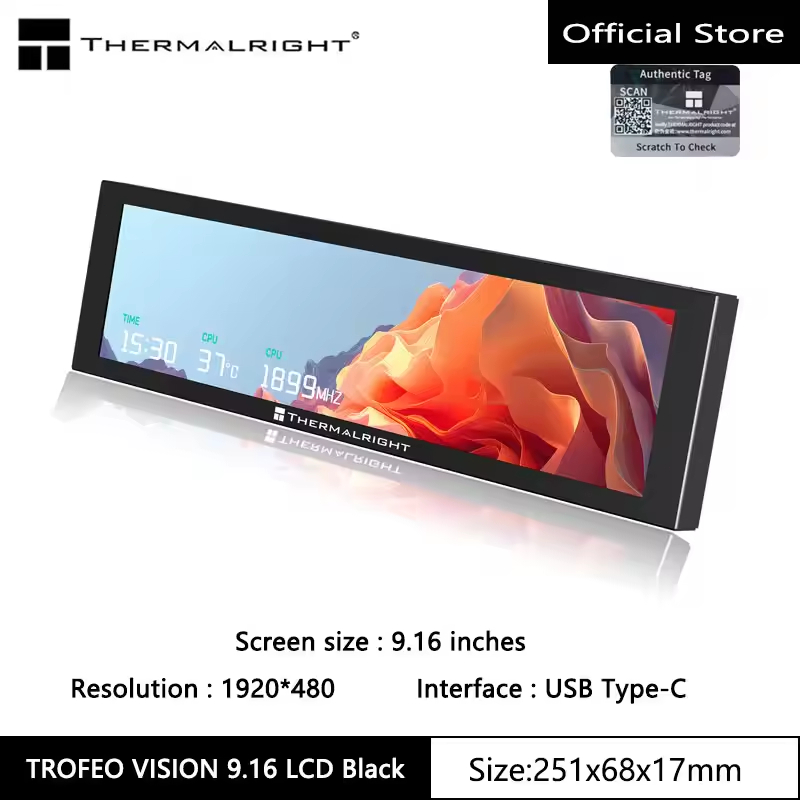 Thermalright TROFEO VISION LCD IPS หน้าจอ LCD เต็มรูปแบบ,9.16 นิ้ว/แม่เหล็ก/1920*480 ความละเอียด/พอร์ต USB Type-C หน้าจอแสดงผล
