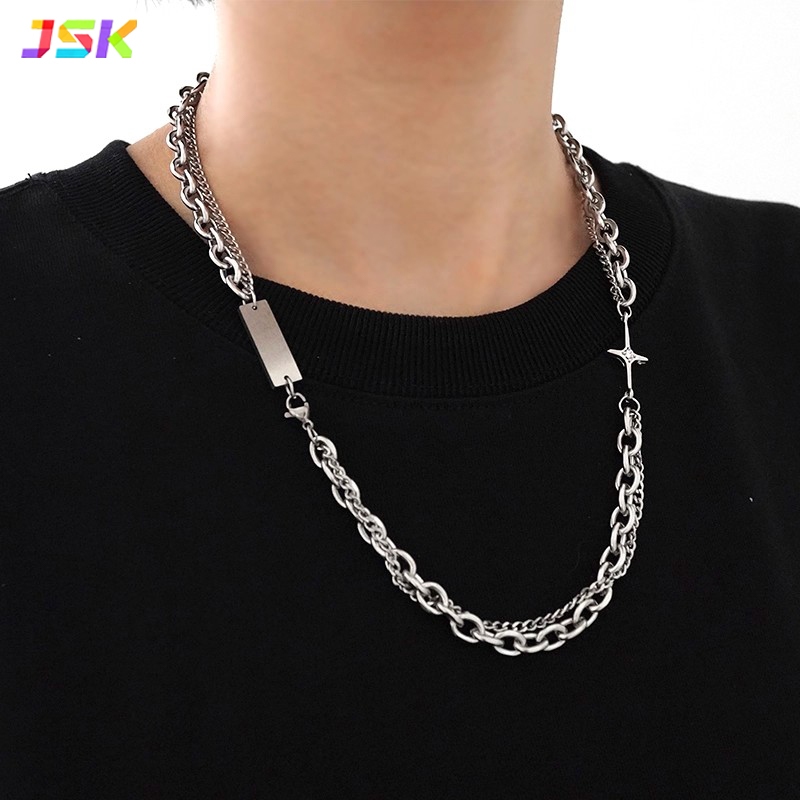 JSk.9 ไทเทเนี่ยมเหล็กสร้อยคอผู้ชายแฟชั่นสองชั้นซ้อนทับ สไตล์ฮิปฮอป ไม่ง่ายที่จะจางหาย ป้ายสี่เหลี่ยม สร้อยข้อมือคิวบาสไตล์เก่า