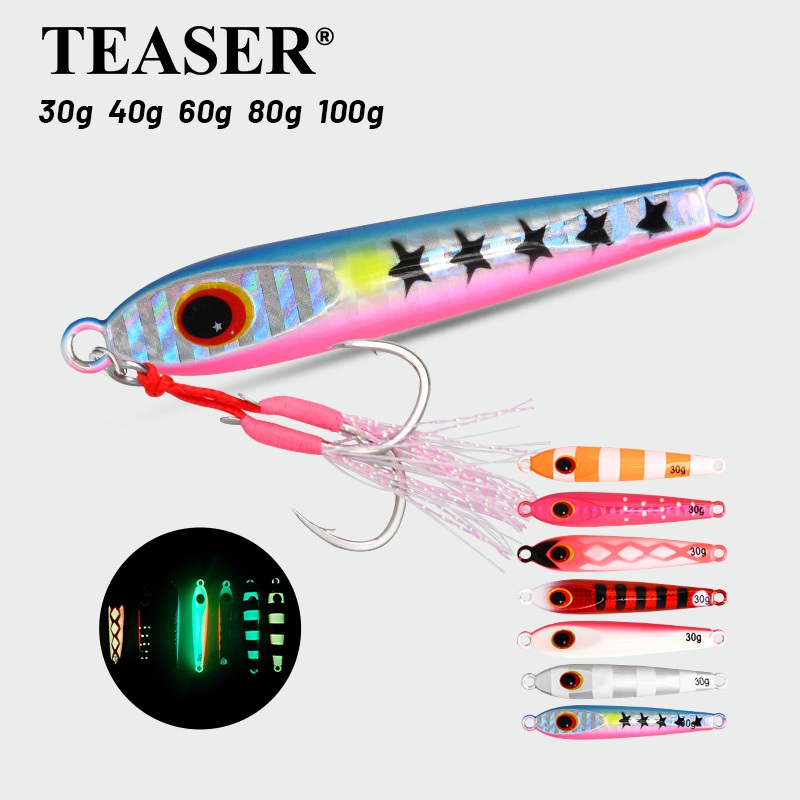 TEASER【J155】30g 40g 60g 80g 100g ตะขอตกปลาแบบช้าๆ สำหรับตกปลาทะเลลึก ตะขอตกปลาแบบ UV แสงเรียบ ตะขอตกปลาแบบตะกั่วสำหรับตกปลาในน้ำเค็ม พร้อมตะขอคู่สำหรับปลากะพงและปลาทู