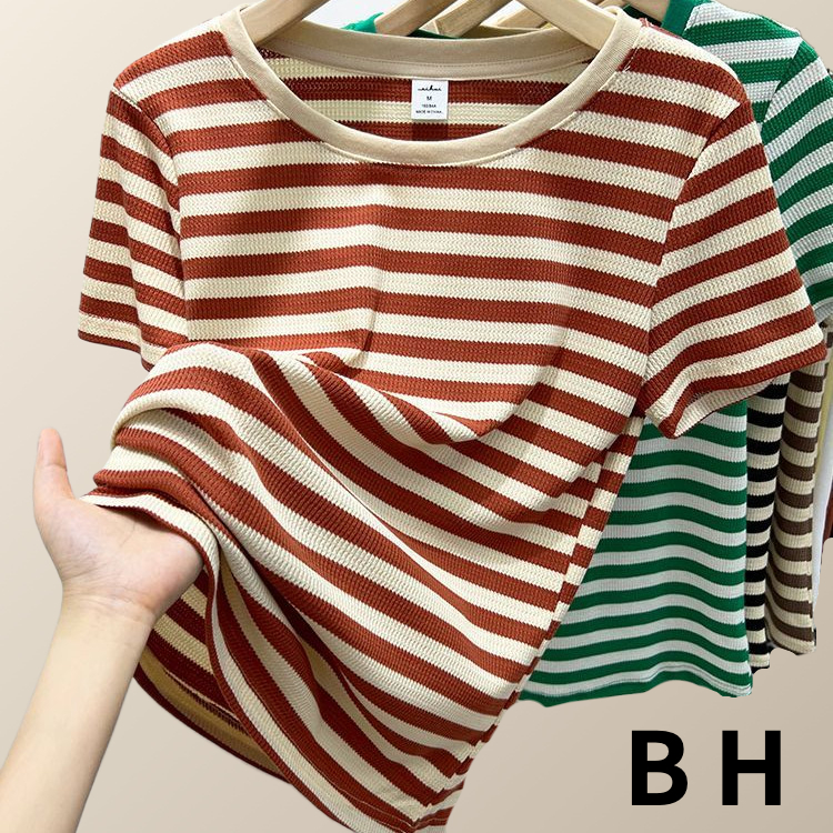 เสื้อยืดแขนสั้นลําลอง ทรงหลวม ลายทางวาฟเฟิล สีตัดกัน แฟชั่นฤดูร้อน สําหรับผู้หญิง