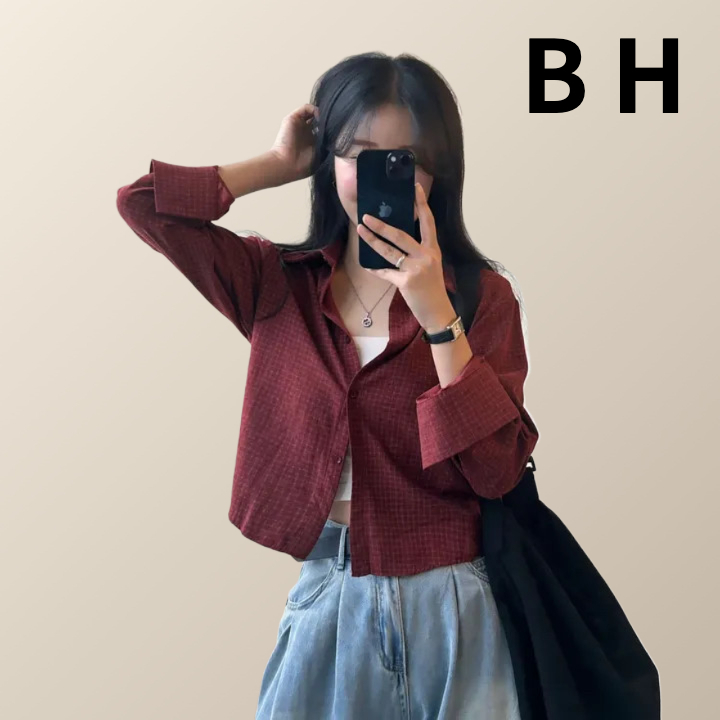 เสื้อเชิ้ตแขนยาวลายตารางหมากรุก สไตล์เกาหลีสำหรับฤดูใบไม้ร่วง มาพร้อมปกพับและแจ็คเก็ตสั้น