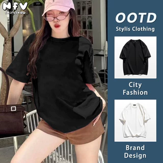 (จัดส่งตลอด 24 ชั่วโมง) NFV เสื้อยืด oversize สีทึบ ระบายอากาศ คอเสื้อ สไตล์เรียบง่าย เสื้อสตรี ผ้าฝ้าย YG0
