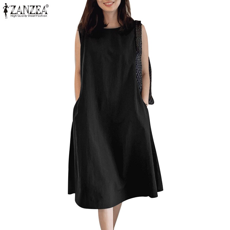 Zanzea ชุดเดรสแขนกุด คอปก ผ่าหลัง มีกระเป๋า สไตล์เกาหลี สําหรับผู้หญิง