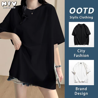 (จัดส่งตลอด 24 ชั่วโมง) NFV เสื้อยืด oversize สีทึบ ระบายอากาศ คอเสื้อ สไตล์เรียบง่าย เสื้อสตรี ผ้าฝ้าย YG0