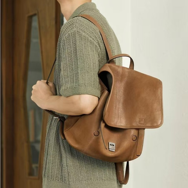 QIUZHEN กระเป๋าเป้สะพายหลังหนังแกะย้อนยุคความจุขนาดใหญ่พร็อพทํางานกระเป๋าเป้สะพายหลังลําลอง