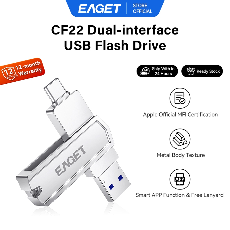 EAGET CF22 Type-C เป็น USB 3.2 แฟลชไดรฟ์ USB อินเทอร์เฟซคู่ (32GB/64GB/128GB/256GB/512GB/1TB)