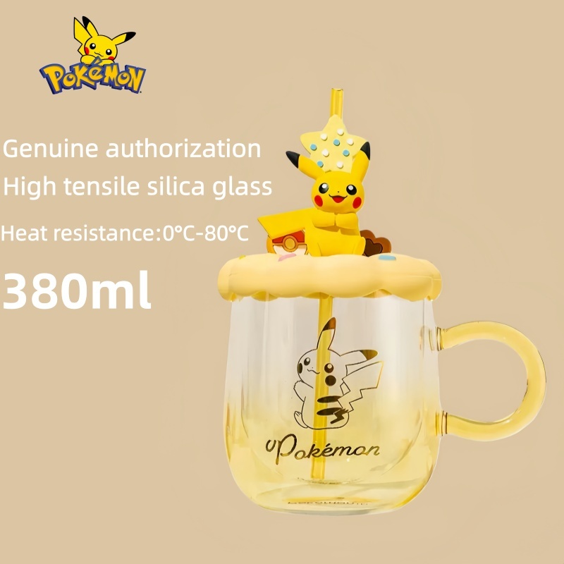 Pokémon Pokémon Series ถ้วยฟาง 380ml วัสดุแก้วซิลิโคนยืดสูงสามมิติ Pikachu ขวดน้ําของขวัญวันเกิด