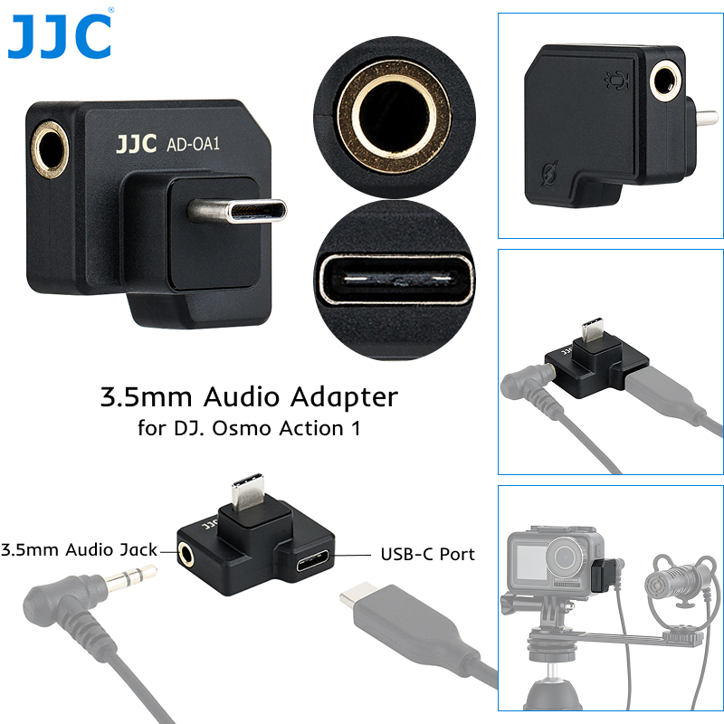 JJC อะแดปเตอร์เสียง 3.5 มม.สําหรับกล้อง DJI Osmo Action 1, ไมโครโฟนภายนอกแจ็คเสียง 3.5 มม. และพอร์ต Type-C สําหรับชาร์จกล้อง, อะแดปเตอร์ USB-C 3.5 มม.