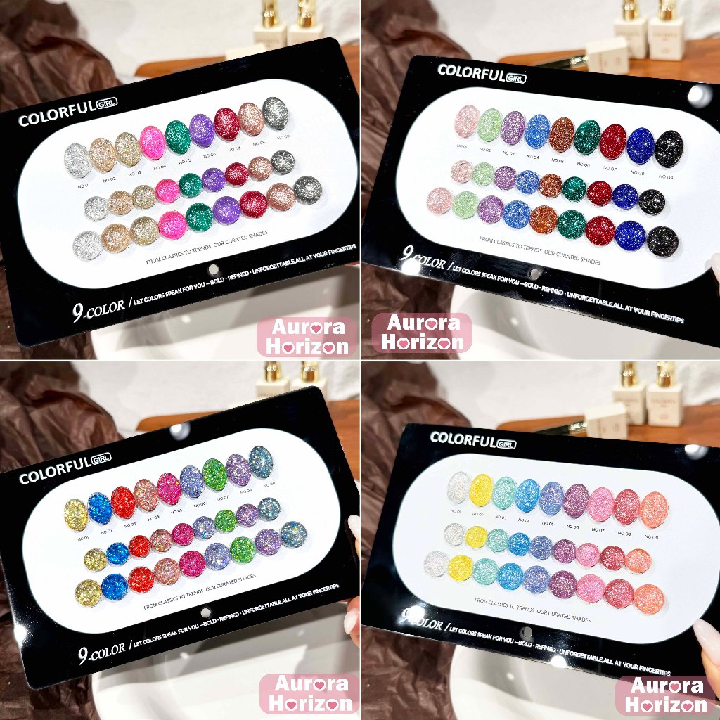 【พร้อมส่งในกรุงเทพฯ】สีเล็บเจล 9 สี สีเจลแฟลช สีลูกแก้ว  Colorful Girl เซ็ตใหม่  สีเจลแคทอายเนื้อซาติน แถมชาร์ทสีให้คุณโชว์สีสวยๆ อย่างลงตัว! สีเจลแคทอาย เปลือกหอยออโรร่าและกลิตเตอร์แฟลชสุดน่ารัก