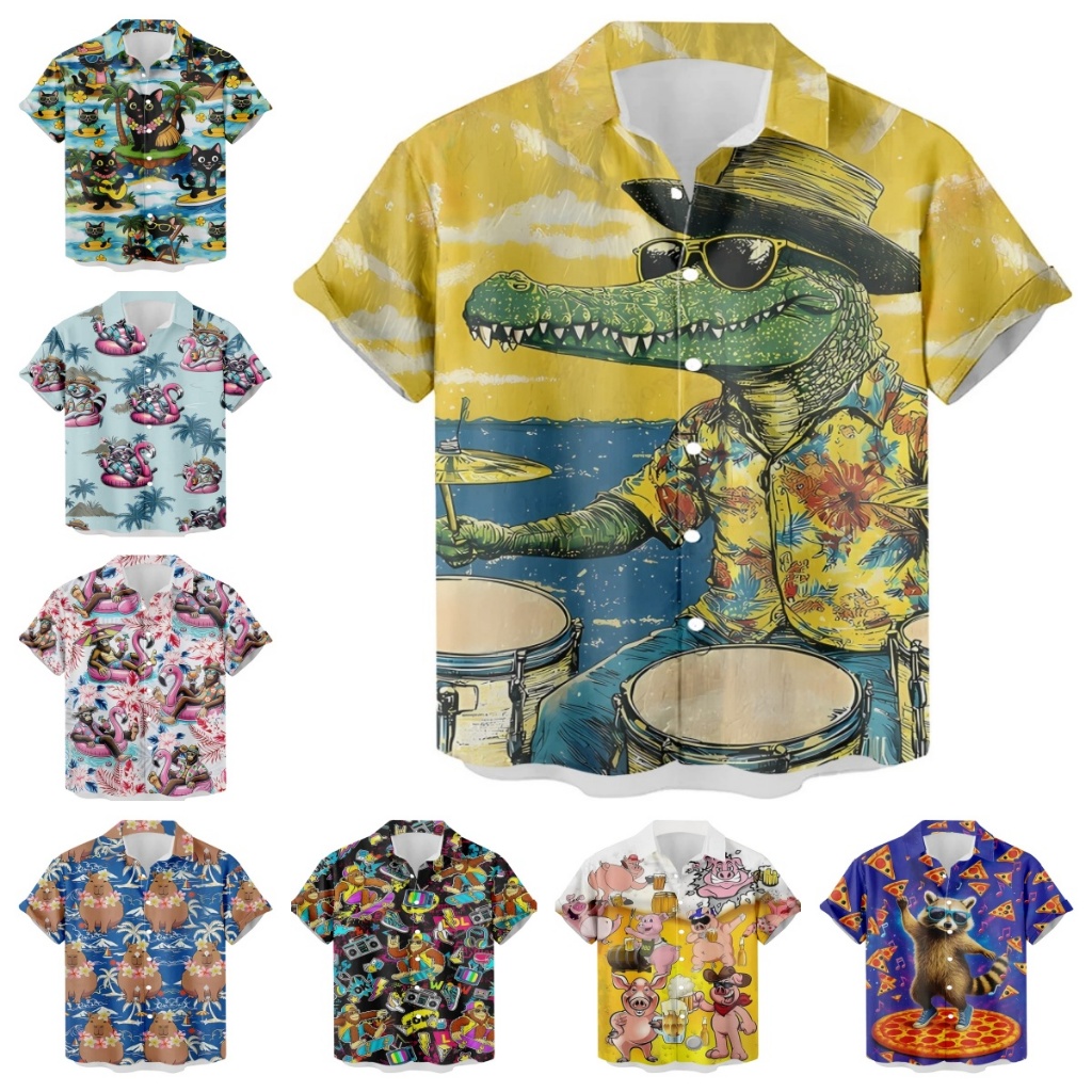 ฮาวายผู้ชาย 3ง อินเทรนด์สัตว์จระเข้ตีกลองฤดูร้อนสบายๆถนนแฟชั่นเสื้อเชิ้ตผู้ชาย