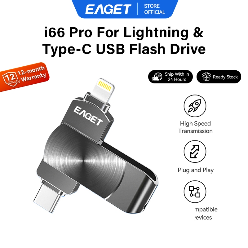 EAGET i66 Pro สําหรับ iP To Type-C แฟลชไดรฟ์ USB ความเร็วสูง (128GB/256GB/512GB)