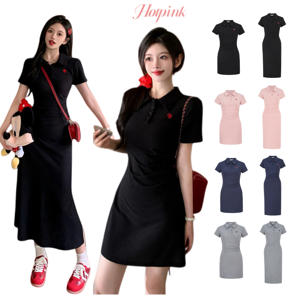 Hotpink ส่งจาก Bangkok🔥สีดำ เดรสแขนสั้น คอปกโปโล ปักลาย สไตล์บอดี้คอน เอว-รัดรูป เหมาะสำหรับเด็กผู้หญิง ใส่ไว้อาลัย