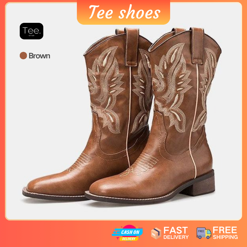 Tee.star รองเท้าคาวบอยผู้หญิง 👢 หนังนุ่ม V-cut หัวเหลี่ยม ส้นหนา | สไตล์เรโทร Slip-on แฟชั่นเกาหลี ✨