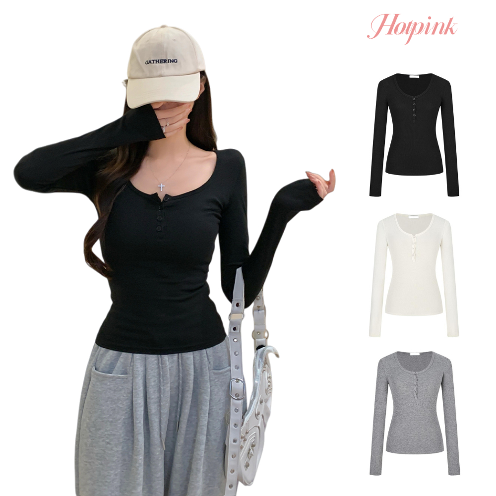 Hotpink ส่งจาก Bangkok🔥สีดำ U-neck คอกึ่งเปิดแขนยาวผู้หญิงใหม่ Niche Design Sense Casual ภายในและภายนอกสาวด้านบน ใส่ไว้อาลัย