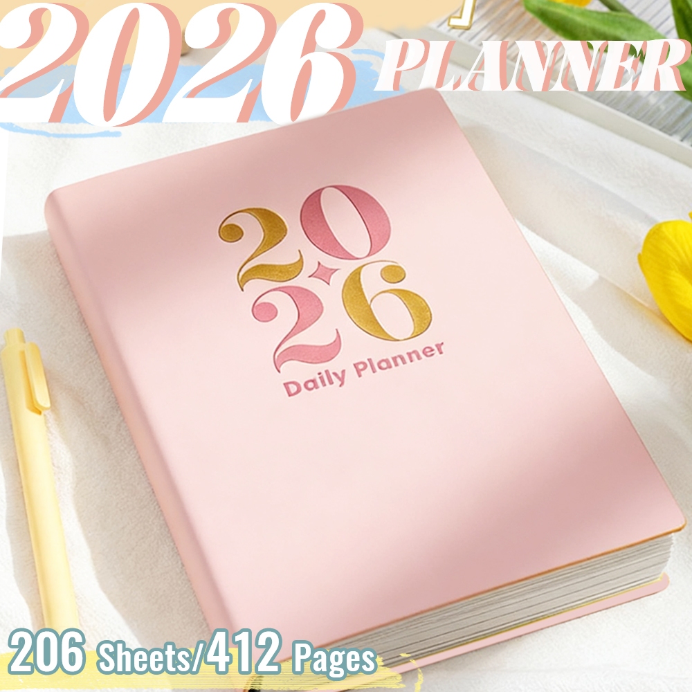 2026 Yearly Planner A5 Softcover ตารางภาษาอังกฤษ Daily Plan Notebook Soft-Touch Leather 80GSM กระดาษกลับกระเป๋าสําหรับหมายเหตุนักเรียนและสํานักงานเครื่องเขียน