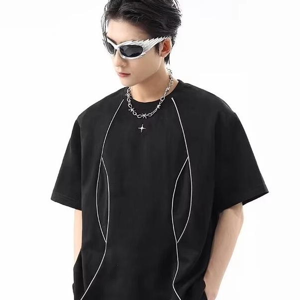 เสื้อยืดแบรนด์อินเทรนด์ประกบแขนสั้นฤดูร้อนผู้ชายการออกแบบฝรั่งเศสใหม่ญี่ปุ่นหลวมความรู้สึกเย็น