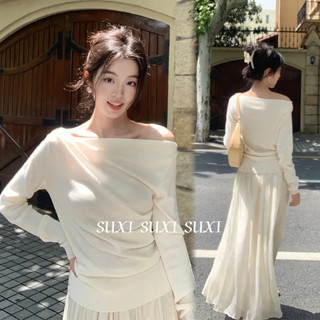 Suxi Casual Solid Color Simple One Neck Off Shoulder Slim Fit Long Sleeved T-shirt Women's Top 241213