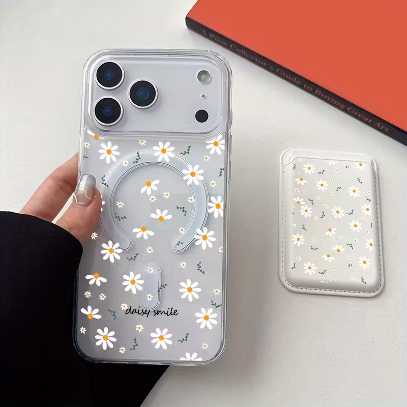 สีขาวเดซี่ดอกไม้รูปแบบผู้ถือบัตรสําหรับiPhone 15pro 15promax 14 14promax 14 Pro 16 Pro Max 16 plus 17 17 Pro Max 17 Airป้องกันกรณี