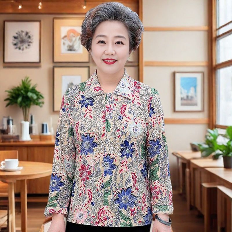 เสื้อเชิ้ตแขนยาวสำหรับผู้สูงอายุและวัยกลางคน ดีไซน์ลายดอกไม้และลายสก๊อต