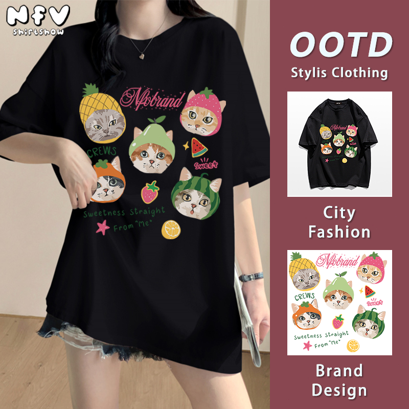 NFV ใหม่ล่าสุด🐱แฟชั่นเกาหลี แขนสั้น คอกลม เสื้อยืด ลายพิมพ์แมวน่ารัก ใส่สบายไม่รัดตัว ผ้าฝ้าย YG1104