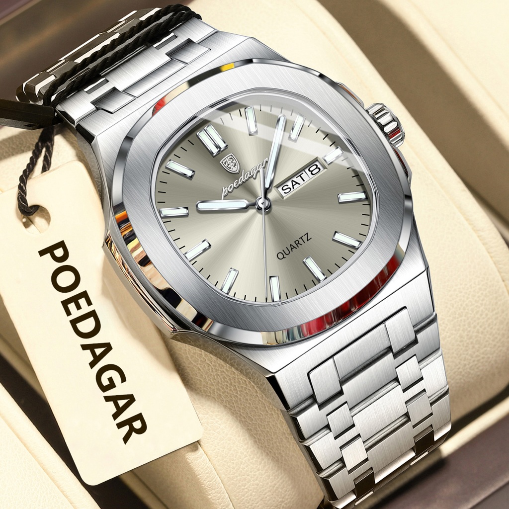 POEDAGAR Luxury Man นาฬิกาควอตซ์กันน้ํา Luminous วันที่สัปดาห์สแตนเลสผู้ชายนาฬิกาข้อมือทหารกีฬานาฬิกาผู้ชาย + กล่อง