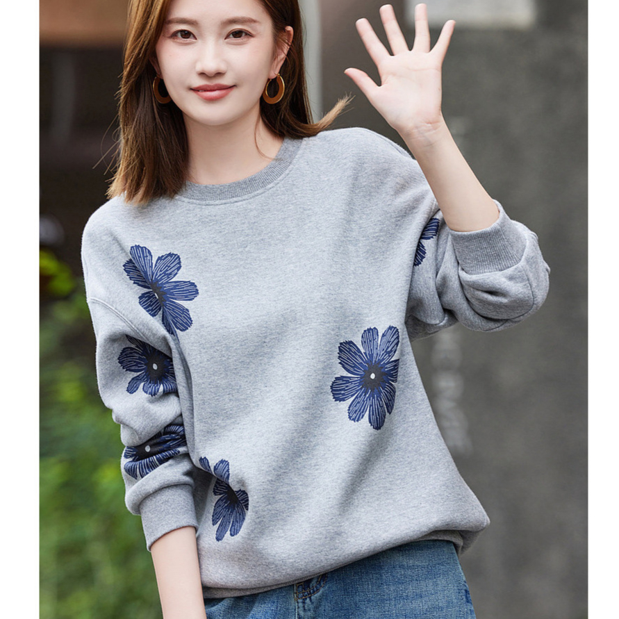 เสื้อสเวตเตอร์คอกลมพิมพ์ลายสีเทา สำหรับผู้หญิง ในสไตล์ใหม่ ใส่สบายและแขนยาวหลวม