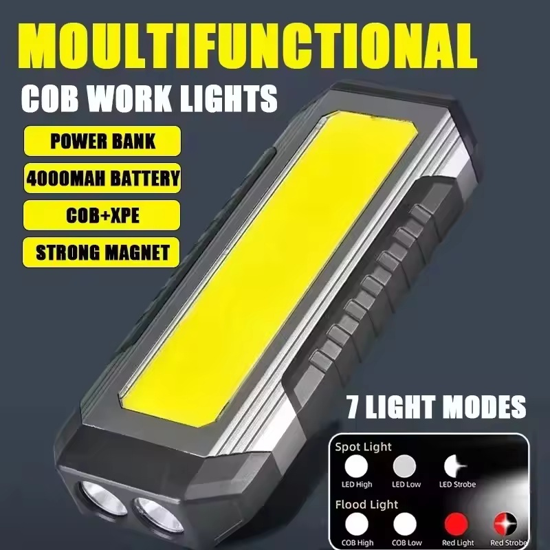 กันน้ําพร้อมไฟฉายแม่เหล็กแบบพกพา COB ทํางาน LED 4000mAh ไฟฉาย Multimode 18650 Camping ไฟฉาย