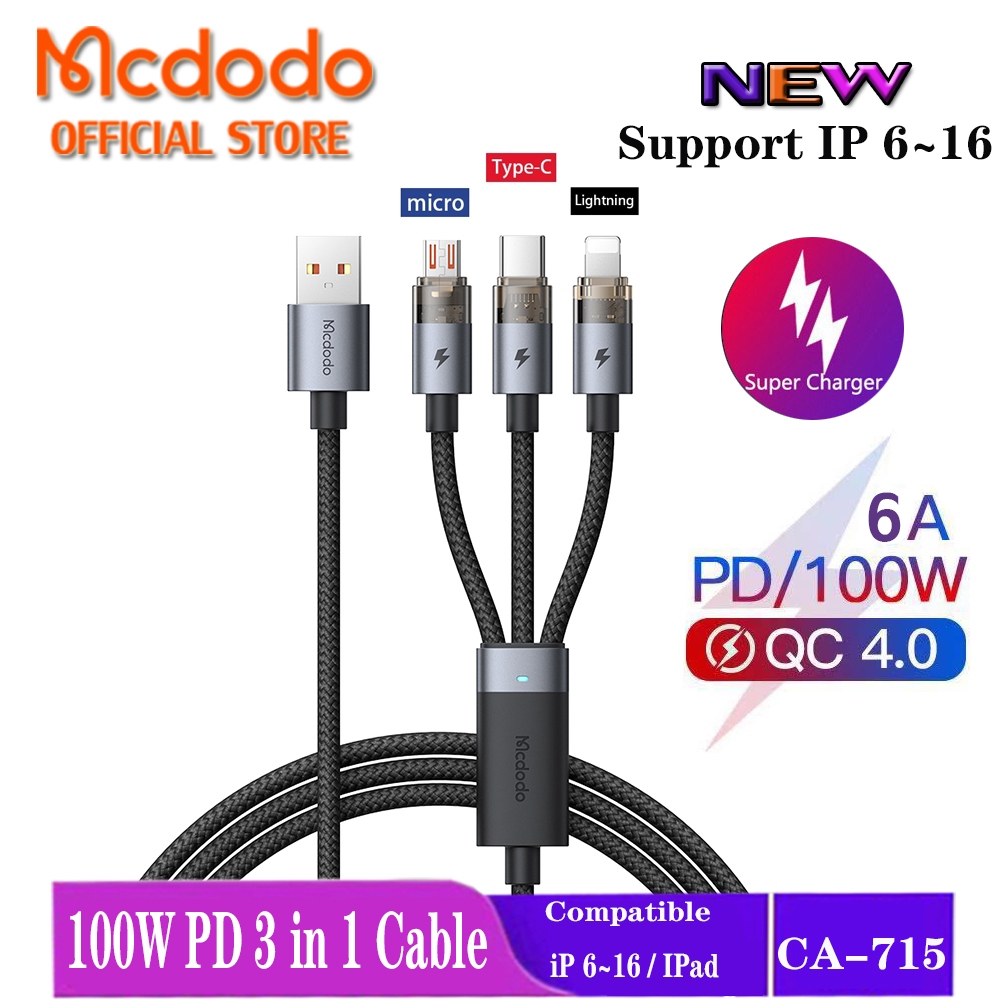 Mcdodo 6A สาย USB 100W 3 in 1 สายชาร์จเร็ว Ligntning Type-C Micro CA-715 726