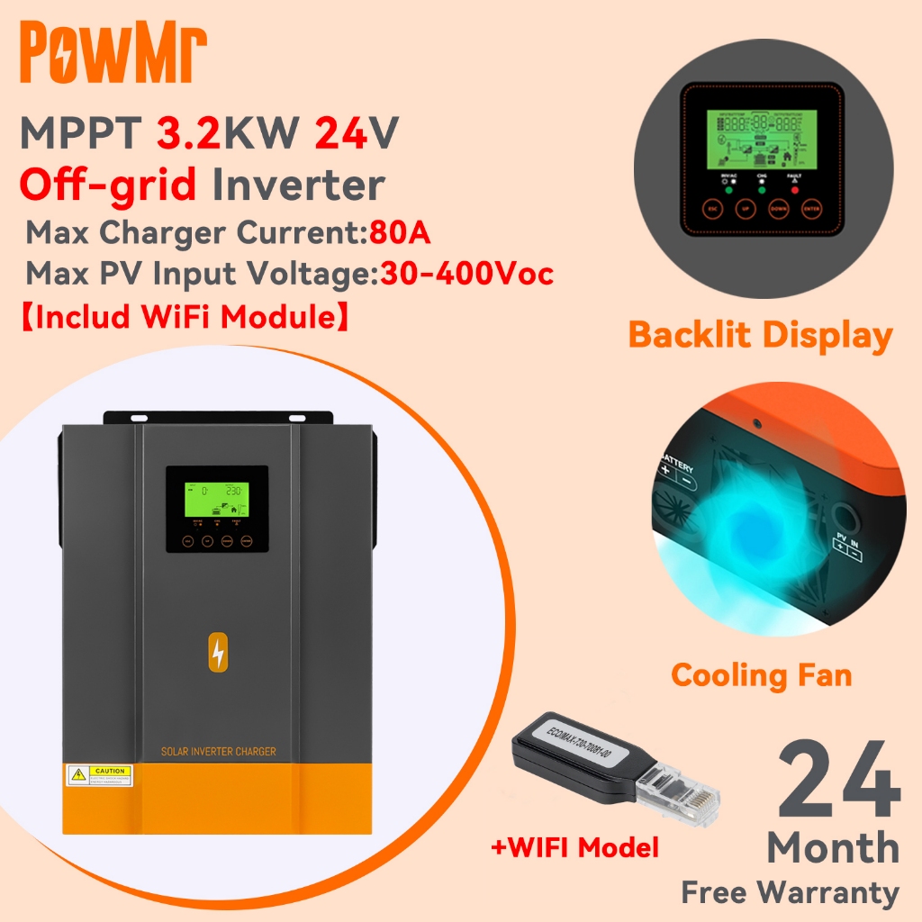PowMr 3.2KW 24V Hybrid Solar Inverter 230Vac PV แรงดันไฟฟ้าเริ่มต้น 55Voc ในตัว 80A MPPT Solar Charg