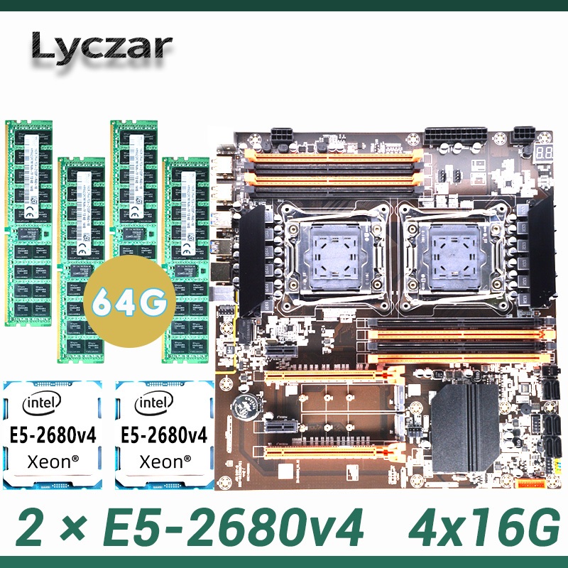 X99 Dual CPU Lyczar ชุดเมนบอร์ด (X99 Dual CPU)+CPU(2xE5-2680v4)+Memory(4x16G DDR4 2133 REG)