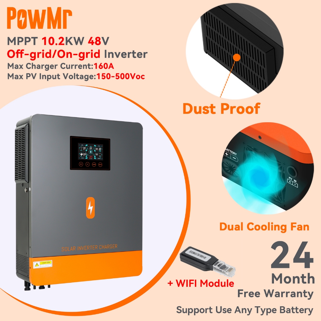 PowMr MPPT 10.2kw On-Grid/Off-Grid Hybrid อินเวอร์เตอร์ 48Vdc 230VAC PV แผงอินพุต 500vdc Pure Sine W