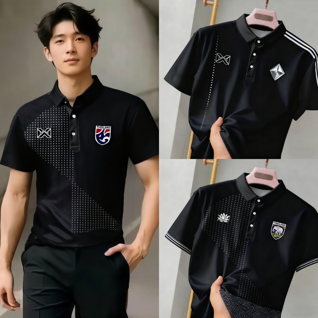 เสื้อโปโลผู้ชาย สีดำเรียบหรู มีการพิมพ์กราฟิกสามมิติ ใส่ได้ทั้งวันธรรมดาและโอกาสพิเศษ