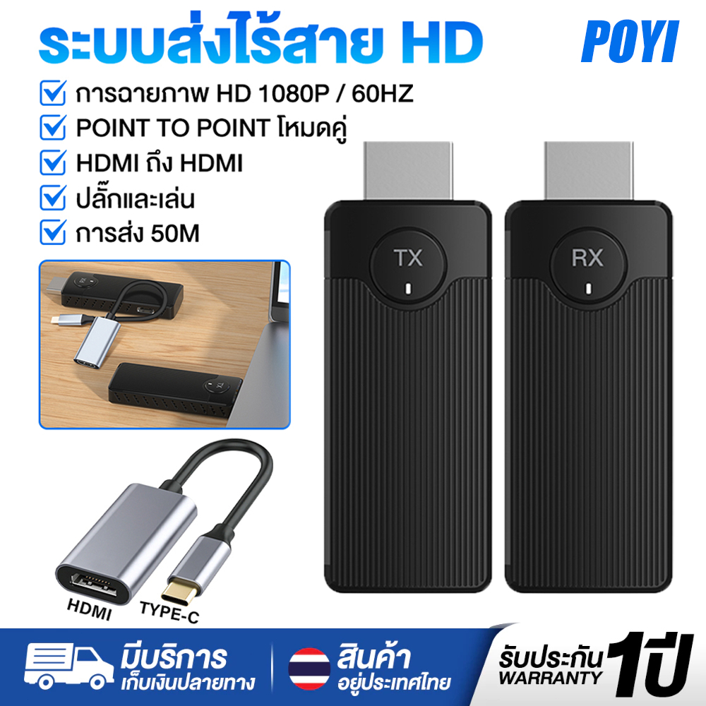 ⚡อัพเกรดใหม่⚡ อุปกรณ์แชร์หน้าจอไร้สาย 1080P HDTV to Type-C HDMI Wireless Transmitter Receiver รับสัญญาณถึง 50 เมตร