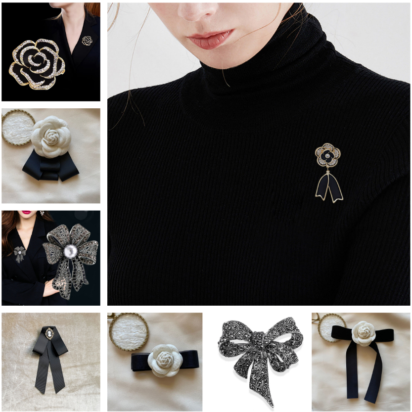 เข็มกลัดดอกไม้สีดำ Heabety Camellia Blossom Ribbon Pin สำหรับผู้หญิง สร้อยคอ corsage เครื่องประดับแฟชั่นใหม่