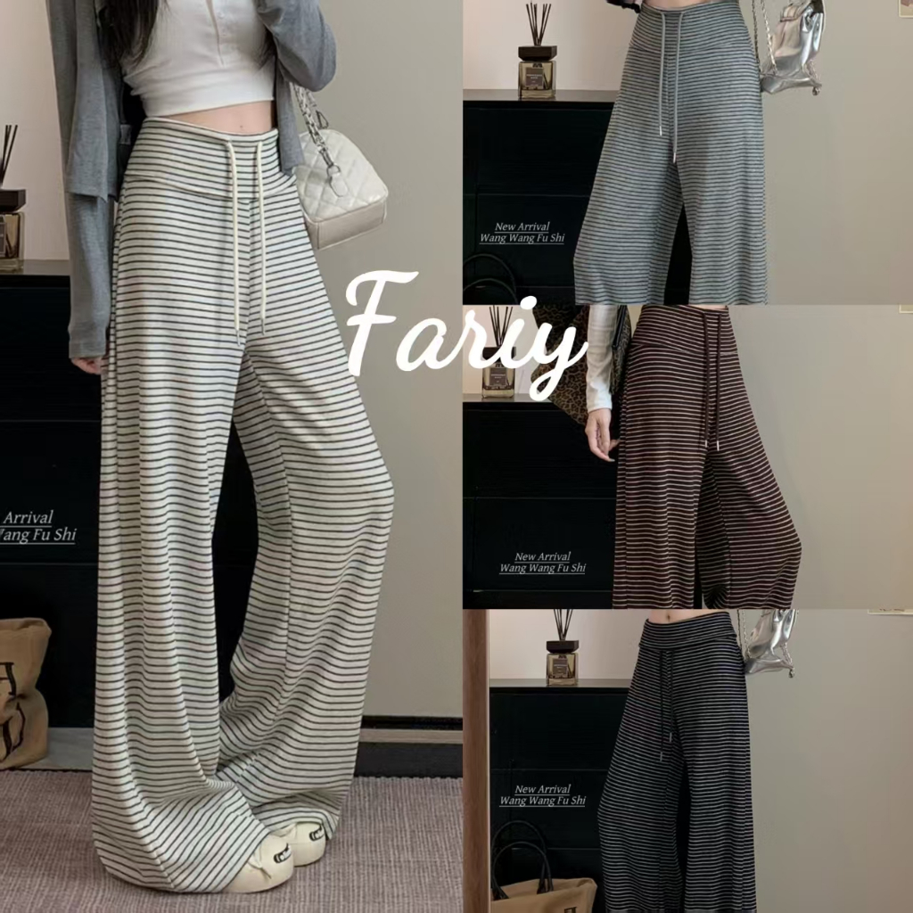 Fariy🍒คลังสินค้าพร้อม🍒 กางเกงขายาวทรงตรงเอวสูง ทรงหลวม สไตล์ขี้เกียจ กางเกงลายทาง กางเกงลำลอง ผู้หญิง กางเกงขายาวทรงหลวมอเนกประสงค์ แฟชั่นฤดูใบไม้ร่วง