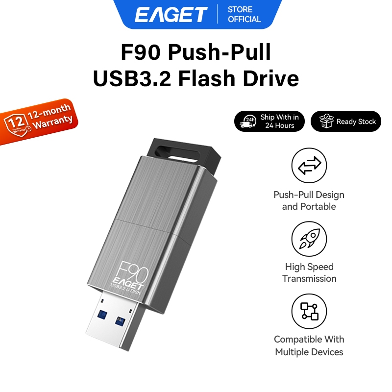 EAGET F90 แฟลชไดรฟ์ USB แบบผลักดึงโลหะ (32GB/64GB/128GB/256GB)
