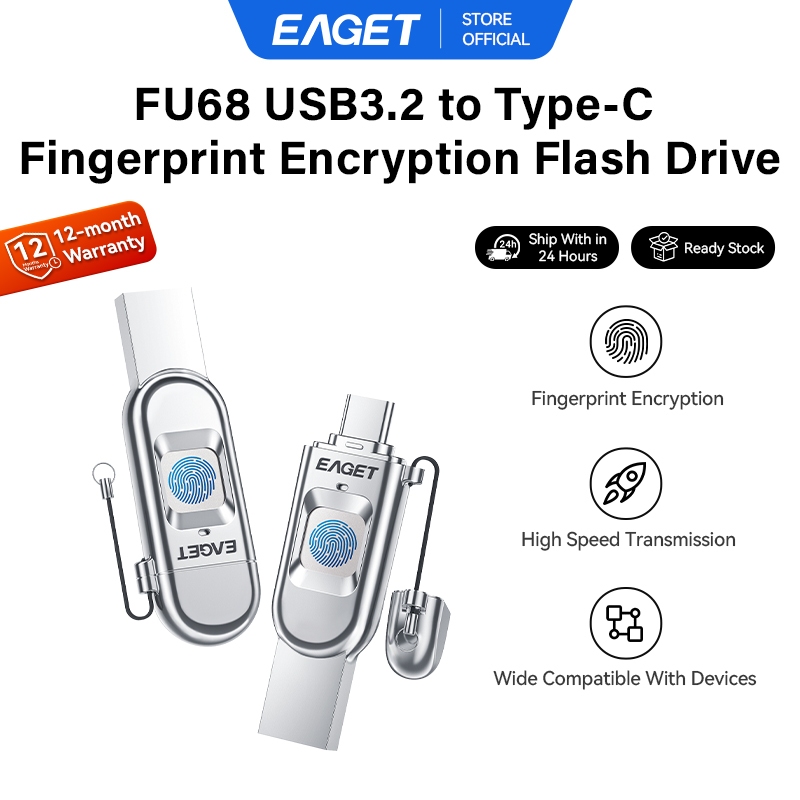 EAGET FU68 แฟลชไดรฟ์ลายนิ้วมือ Type-C และ USB 3.2 Gen 1 (64GB/128GB/256GB/512GB)
