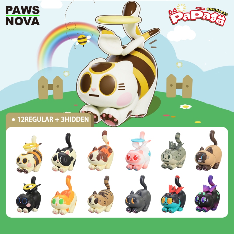 PAWSNOVA Doshii ชุดกล่องสุ่มตุ๊กตาแมว (ตุ๊กตาแมวนอนหลับ 12 แบบที่ไม่ซ้ำกัน) - ของเล่นตัวละครสำหรับตั้งโต๊ะสะสม