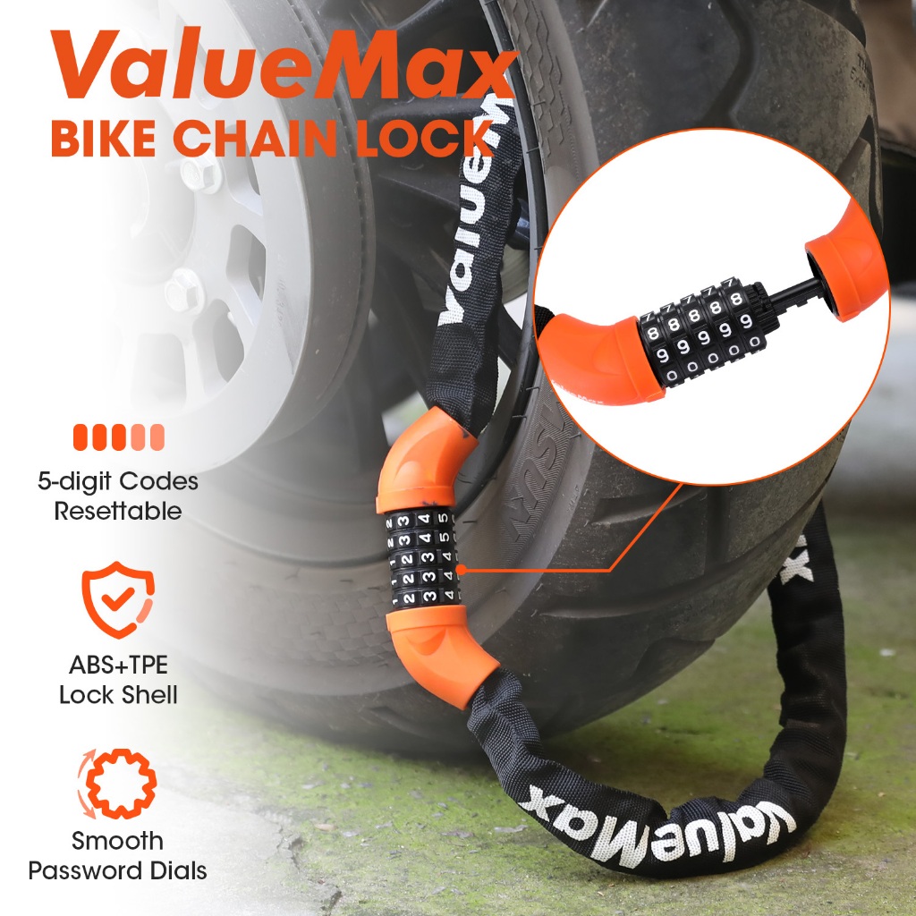 Valuemax โซ่ล็อคจักรยานยนต์ กุญแจล็อคล้อ โซ่กุญแจ คล้องรถ ปลอดภัย แข็งแรง กันขโมย Chain Lock แบบใส่รหัสผ่าน 5 หลัก 6*1000 มม.