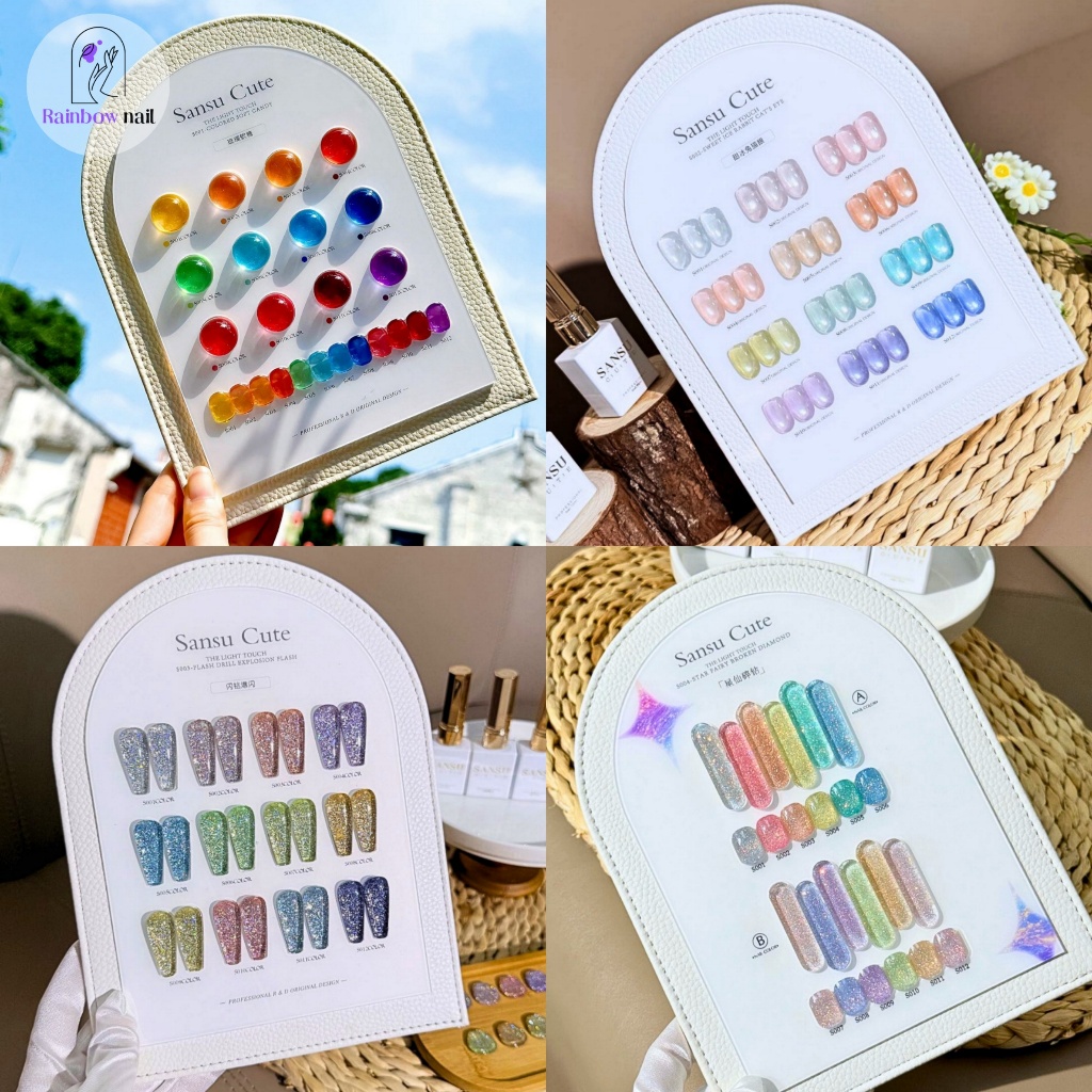 SANSU 12 ชุดยาทาเล็บเจลสี สีเจลกลิซเตอร์ สีเจลไซรัป สีเจลแฟลช สีเจลแคทอายเนื้อซาติน มาใหม่ ด้วยแผนภูมิสีสำเร็จรูป หลากหลายรูปแบบให้เลือก