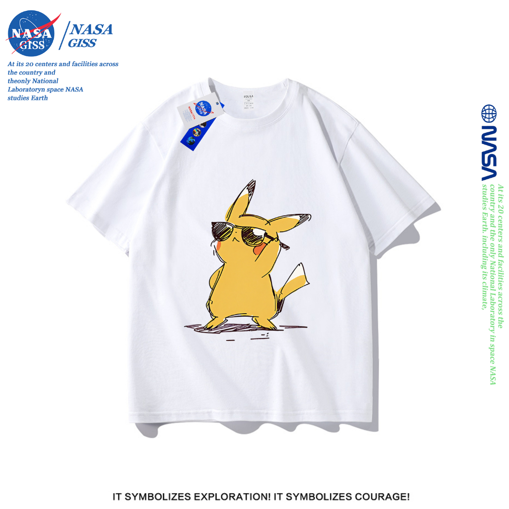 NASA เสื้อยืดชายหญิงแขนสั้น สตรีทฮิปฮอป summer ปิกาจูสุดเท่ พิมพ์ลาย คอตตอน คอกล