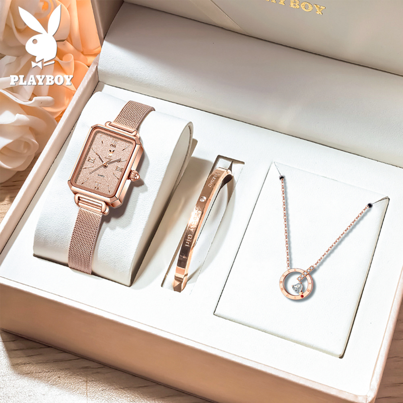 PLAYBOY นาฬิกาผู้หญิง กันน้ำ 100% ตัวเรือนสีโรสโกลด์ หรูหรา กำไลข้อมือ สร้อยคอ ชุดของขวัญนาฬิกาผู้หญิง 3100