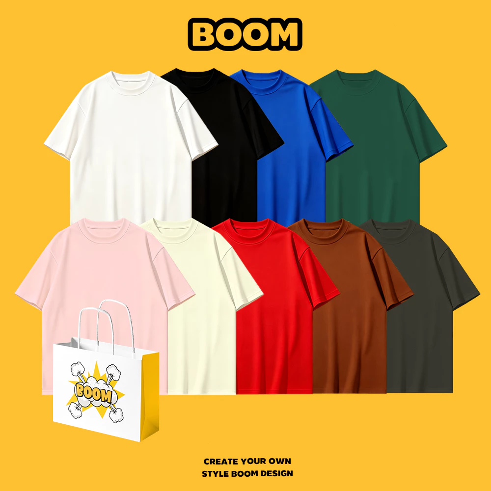 BOOM เสื้อยืดชายหญิงแขนสั้น ผ้า cotton 100% เสื้อยืดคอกลม ทรงหลวม นุ่มสบาย ระบายอากาศ คุณภาพดี ชุดทีม
