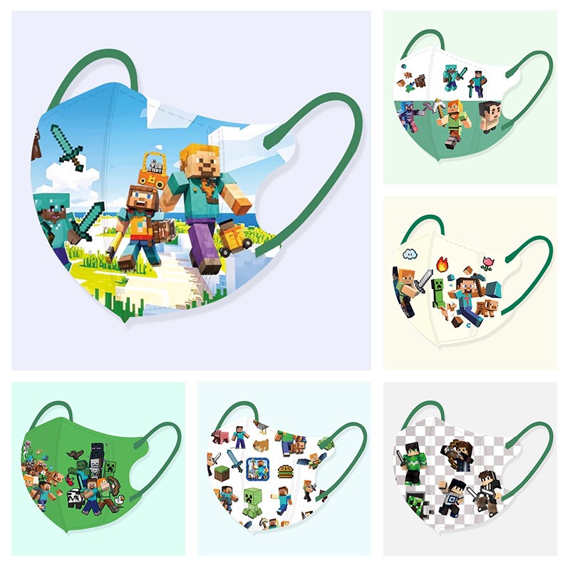 หน้ากากเด็ก 50 ชิ้น 3D Minecraft โลกของฉัน เกมกล่องทราย：หน้ากากเด็กการ์ตูน 3-12 ปี บรรจุภัณฑ์อิสระ หน้ากากทิ้ง 3 ชั้น หน้ากากเด็ก 3D