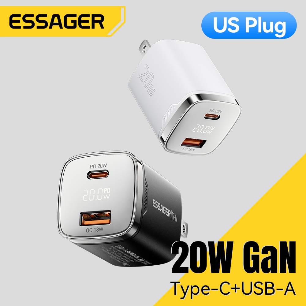 Essager เครื่องชาร์จเดินทางดิจิตอล 20W A+C หัวชาร์จแบบเร็วพอร์ตคู่รองรับ PD QC การป้องกันอุณหภูมิต่ําอัจฉริยะ