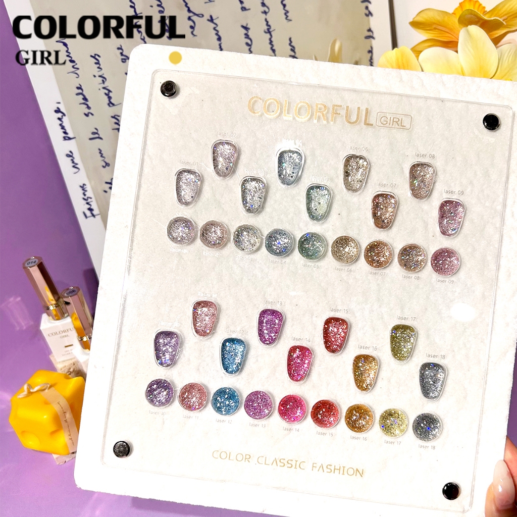 【พร้อมส่ง】สีสีเจล COLORFUL GIRL สีกากเพชร+เลเซอร์แฟลช 18 สี แถม ชาร์ทสี(COLORFUL GIRL) สีเจลแฟลช แผน