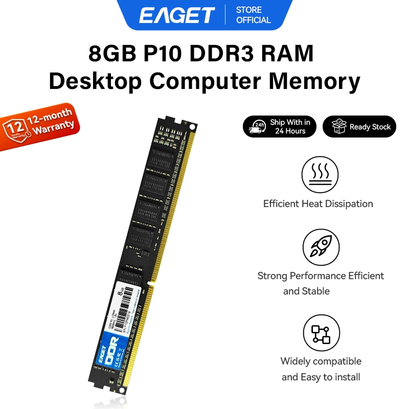 EAGET P10 หน่วยความจําเดสก์ท็อป 1600MHz เข้ากันได้กับ AMD Intel (8GB DDR3 RAM x 2 ชิ้น)